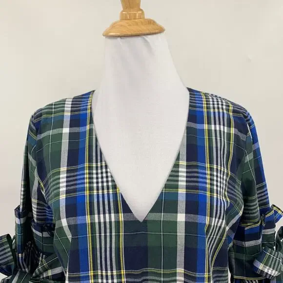 Gianni Bini Top Womens XS Extra Small Blue Tartan Plaid Serena Tie Bell Sleeves - Picture 3 of 11